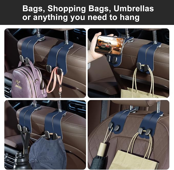 CoBak Purse Hook for Car - Universal Premium Stitched Leather and Aluminum-Magnesium Alloy Double Car Seat Back Storage Hook for Purses, Handbags, Bags (2 Pack),Indigo Blue