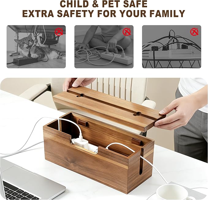 Acacia Cable Management Box, Cord Hider Organizer with Phone Stand, 12" L Cord Box for Power Strip, TV Wires & Desk Cable Storage, Office Under Desk Cable Storage Box for Wire
