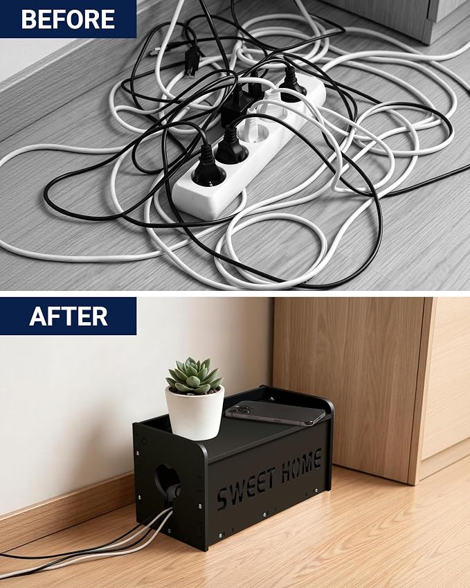 Large Cable Management Organizer Box, Imitation Wood Plastic Cord Organizer Management Boxs, Cord Hider Box for Power Strip Router & USB Hub & TV Wires, Suitable for Both Home and Office (Black)