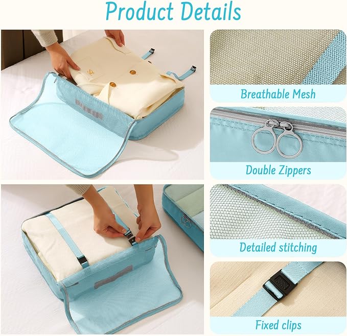 8 Set Packing Cubes for Travel Suitcase Organizer Bags Luggage Packing Cubes Set Travel Essentials Accessories Gifts for Women Blue