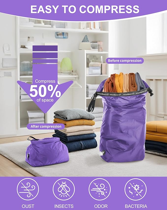 Travel Laundry Bag, Pump-free Vacuum Compression Dirty Clothes Bag, Large Reusable Waterproof & Washable Laundry Bag, Wet and Dry Bag, Ideal for Suitcases, Laundromats (1 Pack) Purple