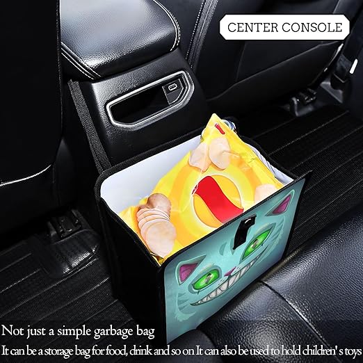 Fantasy Scary Laugh Cat Car Trash Can, Foldable Hanging Car Trash Bag, Cheshire Cat Green Eye Halloween Small Waterproof Car Accessories Garbage Bin
