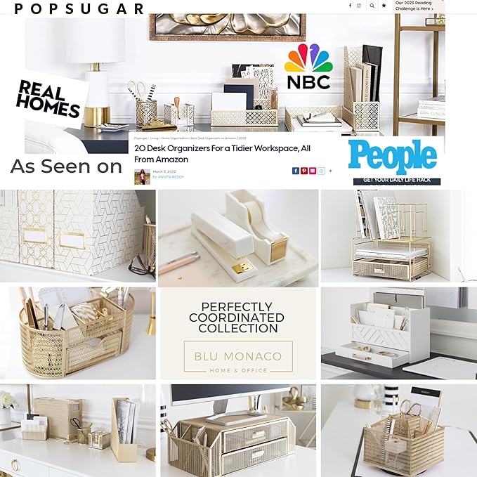BLU MONACO | White Wooden Desk Organizer & Mail Organizer with Drawer & Gold Handle | Mail Sorter Countertop | 6 Compartments | White Desktop Organizer for Desk