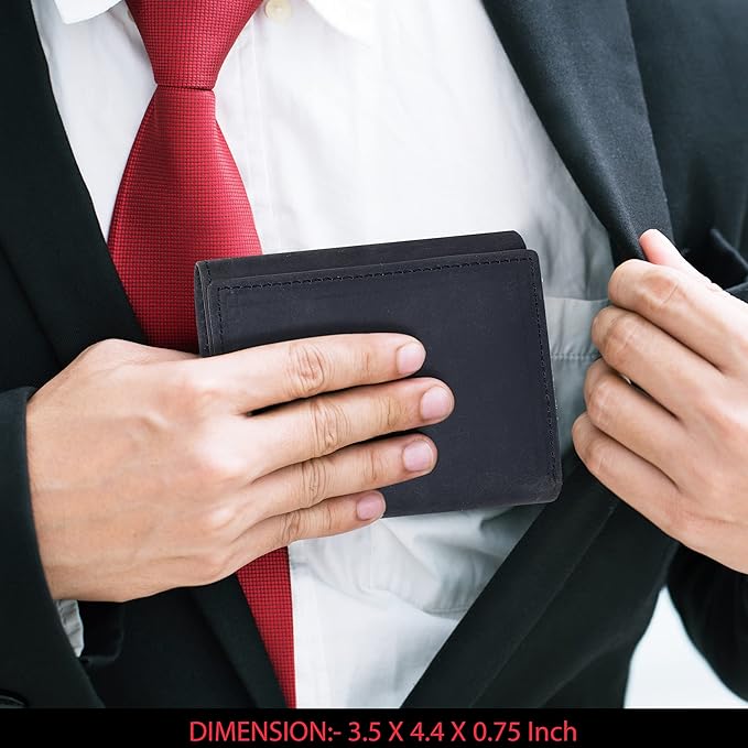 Real Leather Mens Trifold Wallet RFID Blocking Slim Minimalist Front Pocket - Thin & Stylish with ID Window in Gift Box