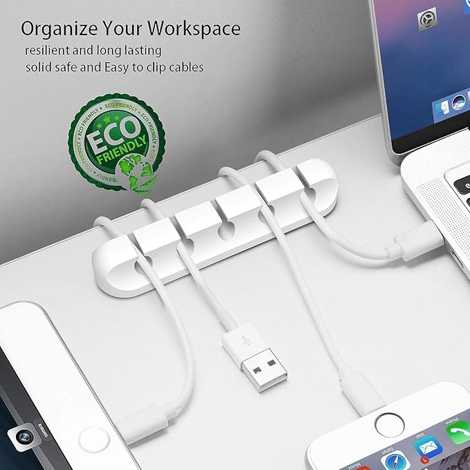 Cord Holder Cable Organizer Clips – Self Adhesive Cord Organizer for Desk, Car, Nightstands, Office, White Silicone Cord Keeper Cable Clips Wire Holders for Phone Charger Cords (7-5-3-1-1 Slots)