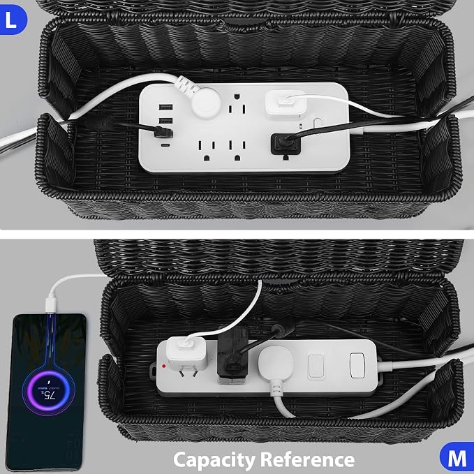 ZhiYo Rattan Cable Management Box, Black Desk Cord Organizer, 2 Pack (M&L) | Handwoven black imitation rattan cord hider box conceals power strips and cables for a clean desk or floor setup