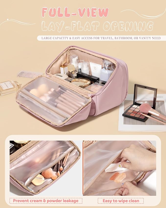 Marscamd Travel Makeup Bag for Women, Toiletry Organizer with Waterproof Pockets, Puffy Cosmetics Pouch for Makeup Brushes, Skincare & Travel Essentials, Pink (Bag only)