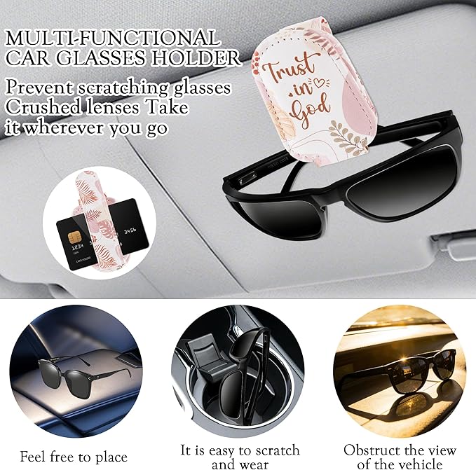 HemerVows Sunglass Holder for Car, Bohemian Trust in God Floral Print Magnetic Leather Visor Clip, Universal Sun Visor Accessory Eyeglass Holder for SUV Pickup Truck