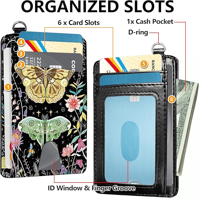 Slim RFID Blocking Card Holder Wallet with Wrist Strap - Minimalist Front Pocket Wallet, Colored moth Design, PU Leathe, for Men & Women, Ideal for Travel & Gifts