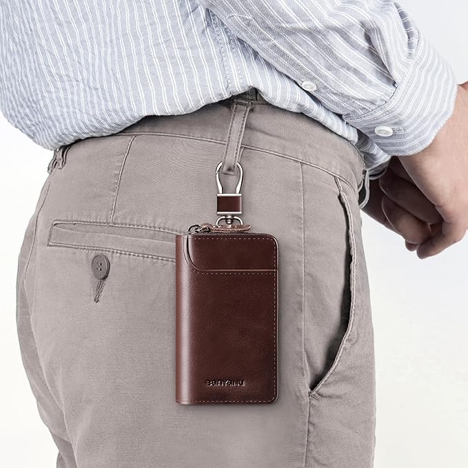 Car Key Case for Men and Women, Apricot Genuine Leather Card Holder Wallet Keys Pouch Organizer Bag with 6 Keychain Hooks, 3 Cards Slot (Apricot w/Keychain)