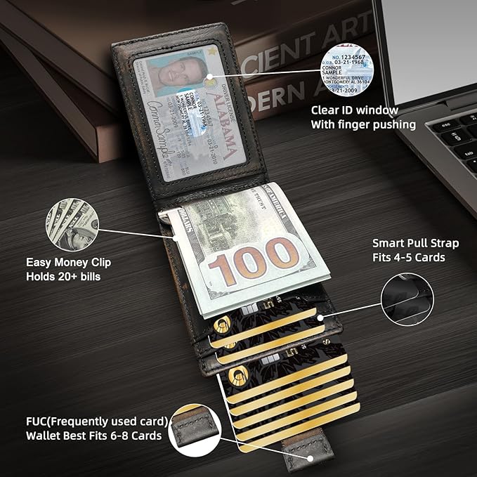 Slim Minimalist Wallet for Men- Money Clip Wallet | Bifold Men Wallets | RFID Blocking Wallet | Genuine Leather Wallets for Men | 12 Card Holder Mens Wallet | Mens Front Pocket wallet