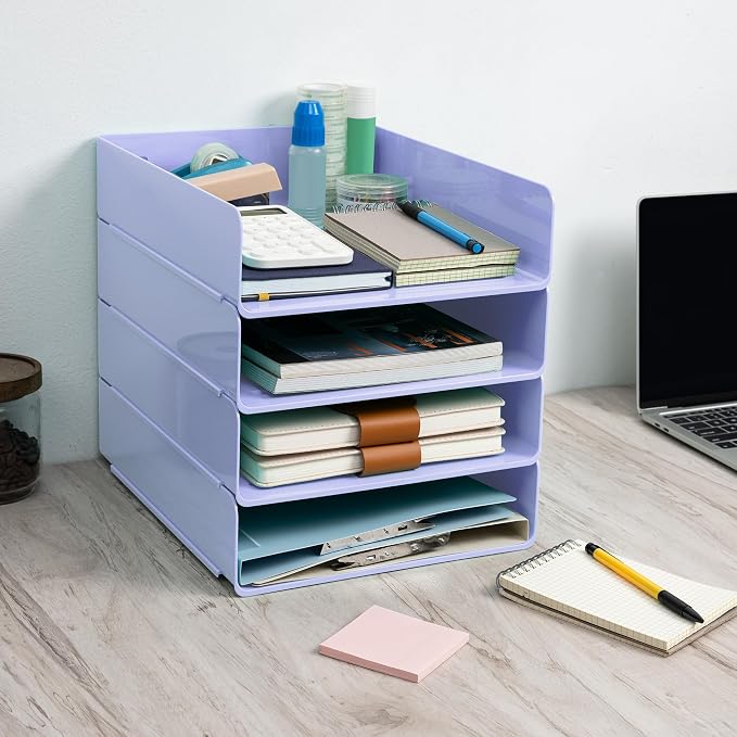 Tiawudi Desk Organizer, Office Organization and Storage, Plastic Letter Tray, Stackable File Organizer for Classroom, Home, Documents, Notes, Folders, Books and Pens, 4 Tier