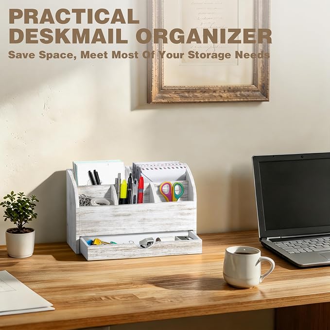 Wood Mail Organizer with Drawer & Pen Holder, White Mail Holder with 5 Detachable Compartments, Desk Organizer for Bill Envelope Storage, for Office Entryway Kitchen Countertop