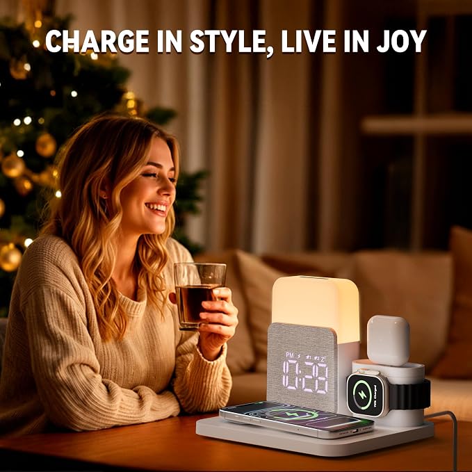 7 in 1 Wireless Charging Station, Magnetic 25W Fast Charger with Alarm Clock & Night Light, Bedside Charging Stand for iPhone 17 16 15 14 13 12 Pro Max, Apple Watch, AirPods, Bedroom