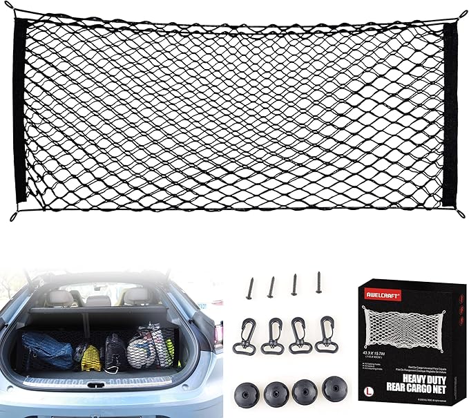 AWELCRAFT Car Rear Cargo Net, Adjustable Elastic Storage Organizer Net, Trunk Cargo Storage Net, Universal Fit for Car, Vehicle, SUV