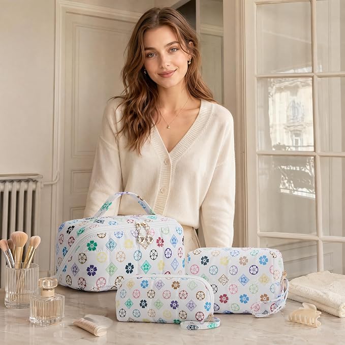 YTL Travel Makeup Bag, Puffer Cosmetic Bag for Women, Waterproof Puffy Padded Make Up Bags, Flat Open Portable Organizer Case Toiletry Bag Pouch Purse for Skincare, Brushes & Travel Essentials