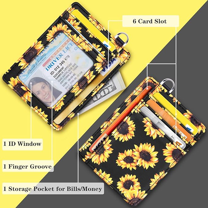 Coco Rossi Slim Front Pocket Wallet RFID Blocking Minimalist Credit Card Holder Wallet with D-Shackle for Women,Sunflower