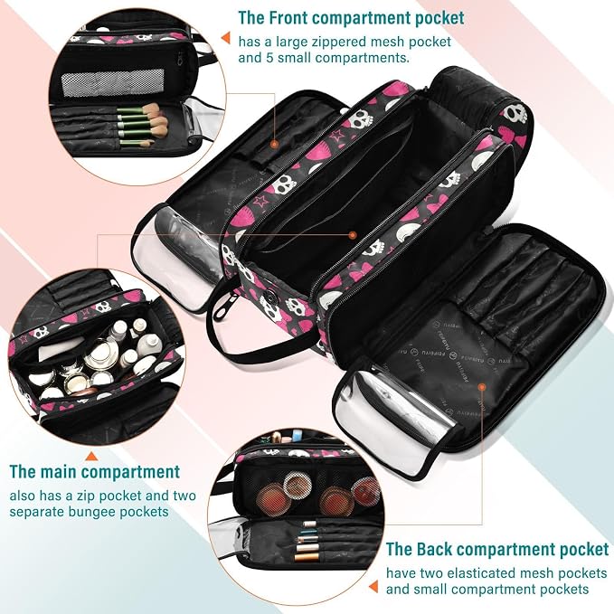 MNSRUU Travel Makeup Bag,Cute Skulls Makeup Bag Large Capacity Portable Travel Toiletries Bag for Travel Size Cosmetic Bag Organizer, Women Toiletry Makeup Bag Organizer
