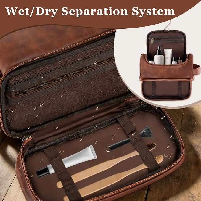 Toiletry Bag for Men Travel Essentials Shaving Dopp Kit with Hanging Hook, Waterproof Toiletry Bag with Dry Wet Separation, PU Leather Travel Organizer for Camping Business, Reddish Brown