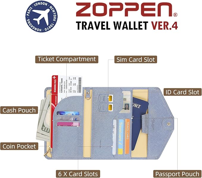 ZOPPEN Mulit-purpose Rfid Blocking Passport Holder Travel Wallet (Ver.4) Passport and Vaccine Card Holder ComboTri-fold Document Organizer Travel Essentials