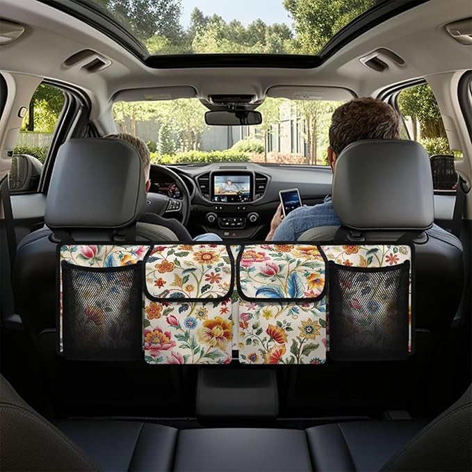 Flower Printing Car Trunk Organizer with 4 Storage Bag Hanging Car Organizer Storage Bag with Lids Collapsible Cargo Bag Free Your Trunk Floor Space