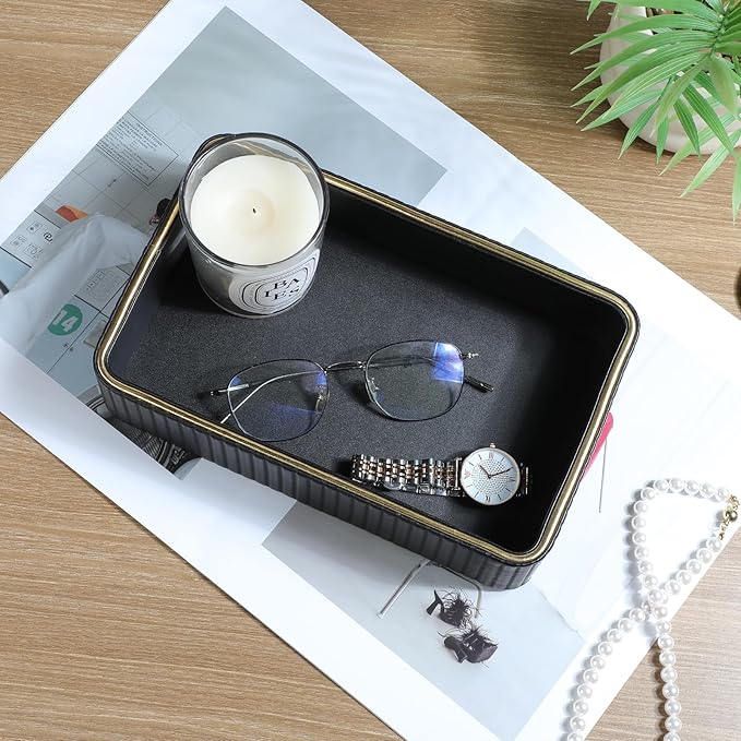 Desk Organizer Tray, PU Leather Nightstand Organizer Perfume Valet Tray for Men Women, Decorative Vanity Trays Trinket Dish Key Bowl for Entryway Table (Black, Small)