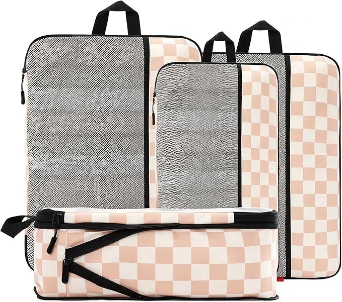U+U 4 Set Compression Packing Cubes - Ultralight Travel Organizers, Space-Saving Suitcase Organizer, Expandable Packing Cubes for Travel, Business Trip and Family Vacation (Khaki Checkered)