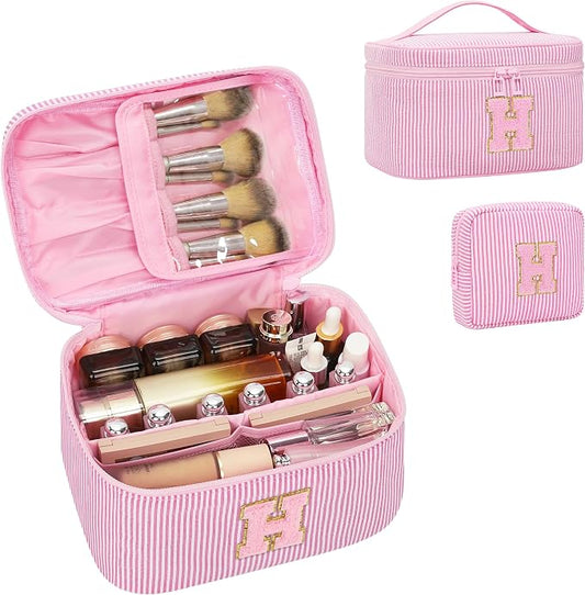 MONSTINA Travel Makeup Bag for Women,Make Up Pouch for Girlfriend Bridesmaid Wife,Birthday Gift for Her Cute Monogram Cute Initial Toiletry Bag Set,2PCS Pink H