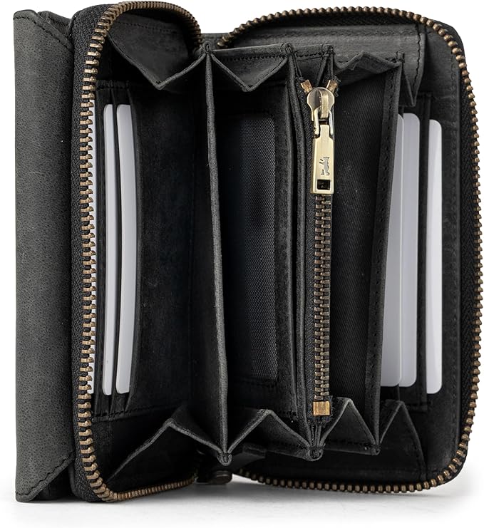 BERLINER BAGS Vintage Genuine Leather Wallet Vienna, RFID Blocking Credit Card Holder, Trifold Clutch Purses, Zip Around Womens Wallet for 19 cards, ID window, Bills, Coins - Dark Grey