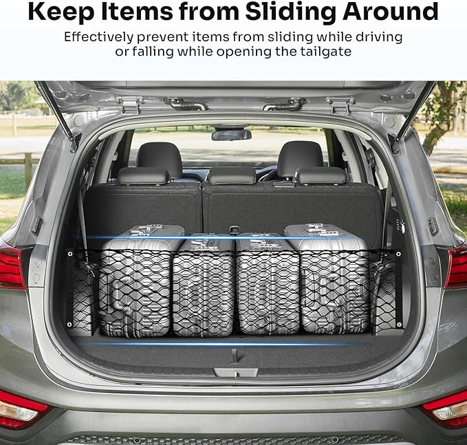Canvcle Trunk Cargo Net for 2013-2025 2026 Hyun-dai Santa Fe Accessories Envelope Style Mesh Trunk Net Organizer and Storage Stretchable Adjustable Elastic Nylon Rear Cargo Netting with Hooks
