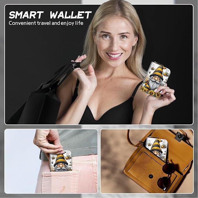 Cute Credit Card Holder with Zipper, Bee Dwarf Sunflower RFID-Blocking Card Case Small Wallet for Women Men, Multi-slot Card Organizer Case Travel Accordion Wallet