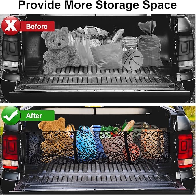 Truck Bed Cargo Net with Detachable 3 Pocket, 59“ Long Pickup Trunk Mesh Organizers & Elastic Storage for Tacoma Ford Chevy Silverado GMC etc,Grocery Holder Trunk Net with 8 Carabiners Accessories