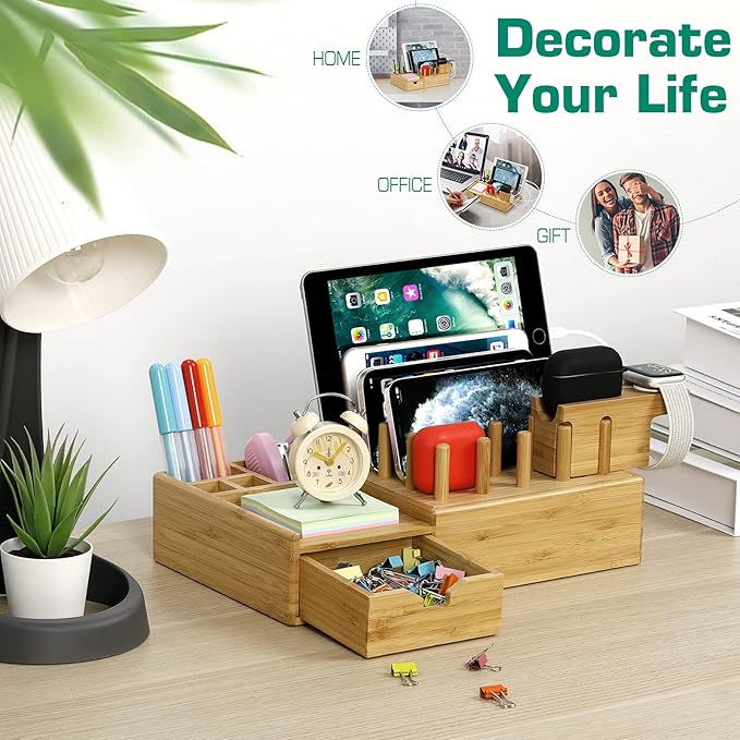 Bamboo Charging Station for Multiple Devices - Darfoo Wood Charging Dock Organizer with Drawer, 7 USB Charging Ports Compatible with Cell Phones, Tablet, Smart Watch & Earbud