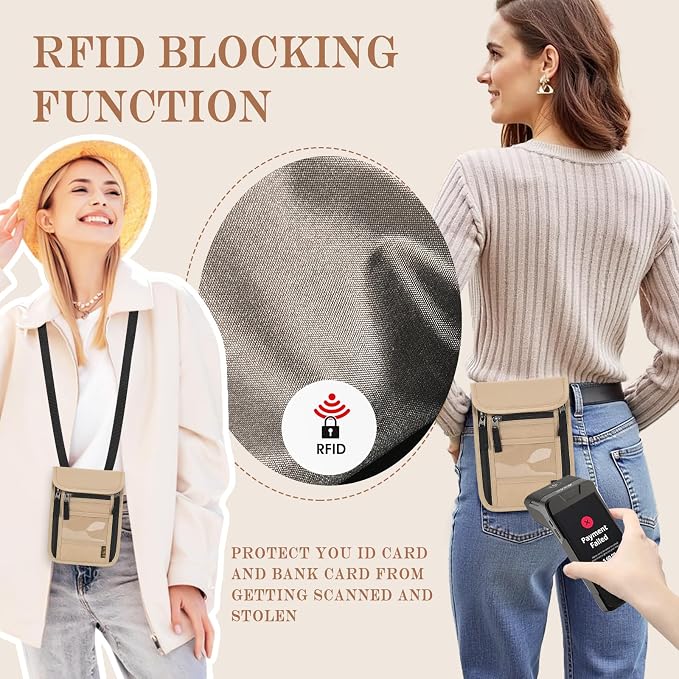 Passport Holder for Travel, Neck Pouch Travel Wallet With RFID Blocking, Waterproof Lightweight Passport Wallet for Women and Men (Khaki)
