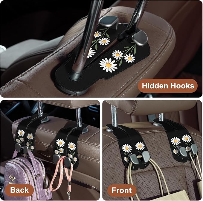 CoBak Purse Hook for Car - Universal Premium Stitched Leather and Aluminum-Magnesium Alloy Double Car Seat Back Storage Hook for Purses, Handbags, Bags (2 Pack),Daisy