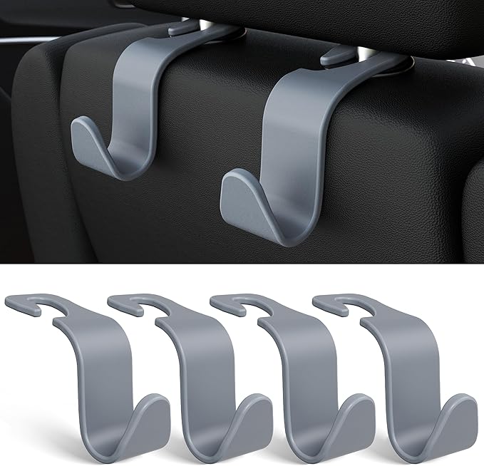Amooca Car Seat Headrest Hook 4 Pack Hanger Universal Vehicle Car Storage Organizer for Handbag Purse Coat S Type Grey