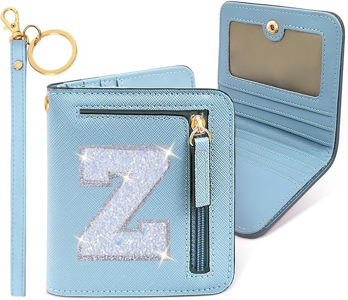 COSHAYSOO Small Wallet for Women Teenager Girl Personalized Initial Gift Preppy Letter Monogrammed Patch Mini Purse Waterproof for Travel Credit ID Cards Cash Holder Novelty Organizer Blue Z