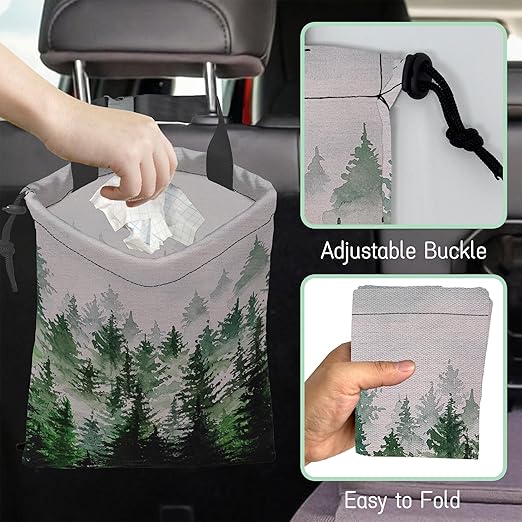 Foggy Forest Car Garbage Bag,Waterproof Small Car Trash Bag Hanging Back of Seat,Drawstring Hanging Car Trash Bag with Adjustable Buckle for Car Accessories