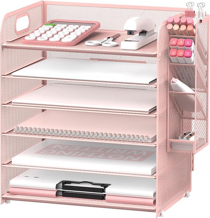 SUPEASY 6 Tier Desk Organizer with 4 Pen Holders, Mesh Paper Organizer Letter Tray with Handle, Desk Organizer Tray File Organizer for A4 File Folder, Rose Pink