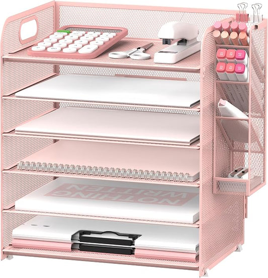 SUPEASY 6 Tier Desk Organizer with 4 Pen Holders, Mesh Paper Organizer Letter Tray with Handle, Desk Organizer Tray File Organizer for A4 File Folder, Rose Pink