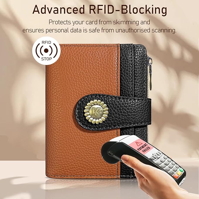 Kelvoris Small Rfid Women Wallet Bifold Zipper Coin Pocket PU Leather Compact Cash Credit Card Holder Travel Wallet for Female Ladies Teen Girls 1 ID Window 10 Card Slots Brown and Black