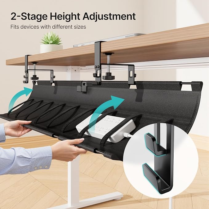 PEGZONE No Drill Under Desk Cable Management Tray, 47.2" Cord Management Under Desk for Table, Clamp Mount Desk Cable Management, Premium Fabric Wire Management Tray for Office, Home, Black