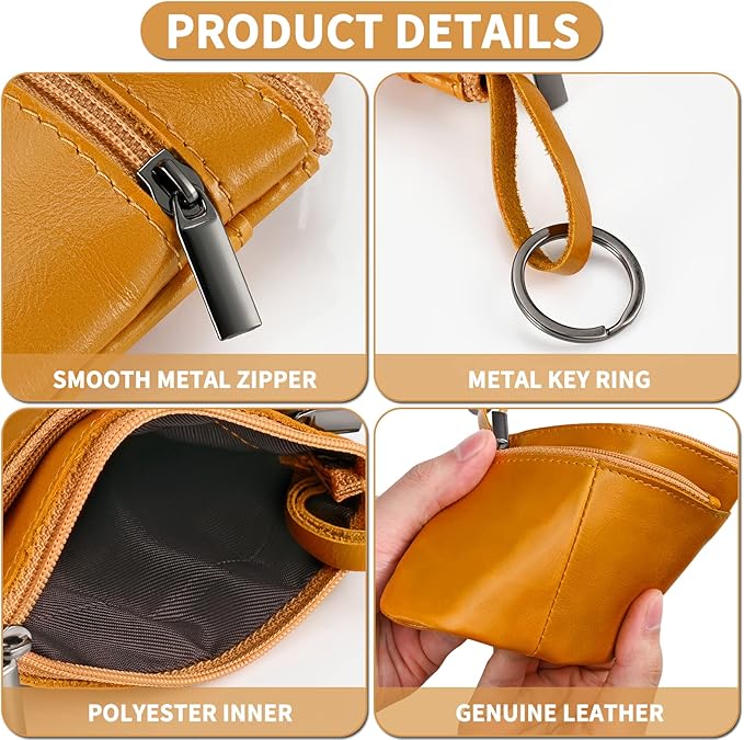 Light Brown Genuine Leather Multi-Functional Wallet - Compact Card Holder, Coin Purse & Key Organizer with 3 Zippers, Built-in Key Ring, Perfect for Travel, Work & Daily Use