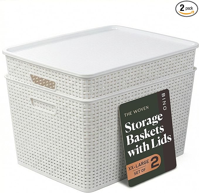 BINO | Plastic Storage Baskets with Lids, 45 Liter - 3 Pack, White | THE WOVEN COLLECTION | Storage Basket for Shelves | Woven Storage Baskets for Organizing Bins Pantry Shelf Organizer Container Bin