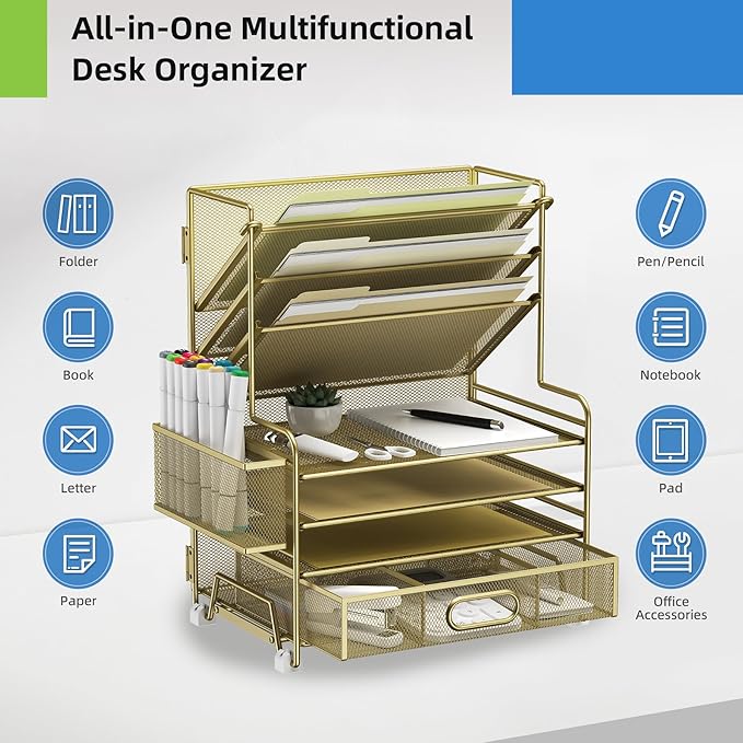 MINDEPOT 4-Tier Paper Organizer + 3-Pocket File Holder + Drawer + Pen Holders, Desktop File Organizers Paper Tray for Office Supplies School Classroom Organization (Gold, with Drawer & Pen Holder)