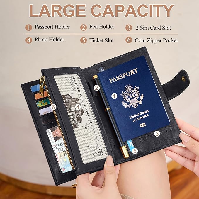 BKNOOU Passport Holder for Travel, RFID Blocking Passport Wallet Travel Wallet for Women Men, Leather Passport Cover with Zippered Coins Pocket, Trifold Clutch Wallet for Airport Essentials/Daily
