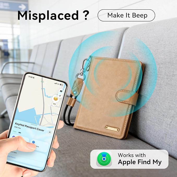 Passport Holder for Travel, Apple MFi Certified Smart Passport Cover Works with Find My, Rechargeable Travel Wallet with Lanyard, RFID Blocking Card Case, PU Leather, Brown