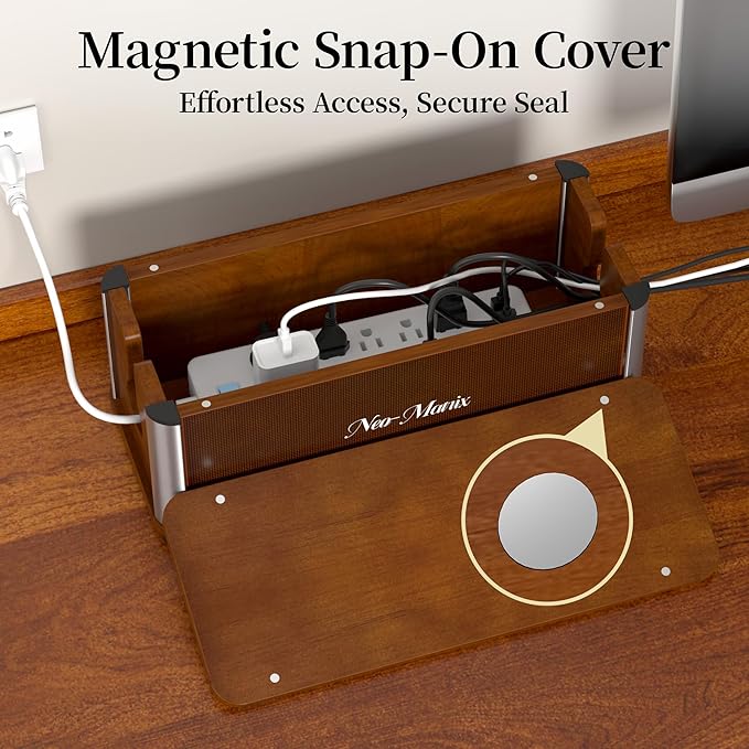 Delamu Wooden Cable Management Box, Retro-Inspired Look Desk Cord Organizer Box for Home Office, Large Cord Hider Box Hides Cords and Power Strips, Floor Cord Covers, 14.3" x 6.0" x 5.5", Dark Brown