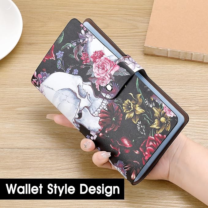 RFID Credit Card Holder, Leather Business Card Organizer with 96 Card Slots, Credit Card Case for Managing Your Different Cards and Important Documents to Prevent Loss or Damage (Skeleton Flower)