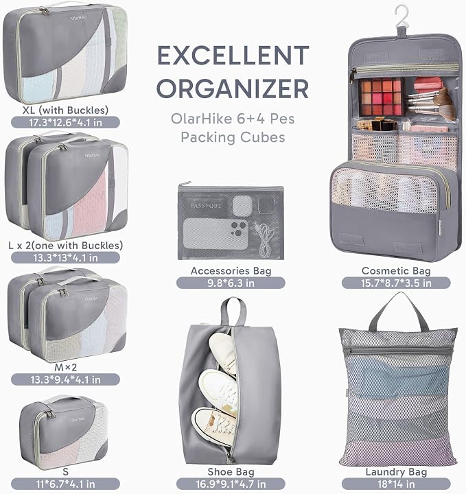 OlarHike 10 Set Packing Cubes for Travel, Gifts for Women Mom,Anti-Tearing Suitcase Organizer with Over 1000 pcs Mesh Holes,Vacation Essentials & Accessories for Cruise Ship